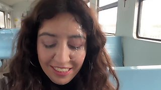 Slutty Russian brunette got some cum on her face by a stranger in a train