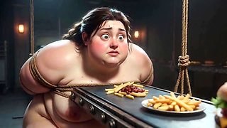 Tied up SSBBW Eats Massive Meal While Kneeling - Belly Stuffing