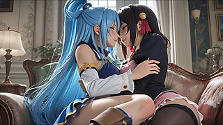 Sfw Aqua and Yunyun From Konosuba Soft Show Touching and Kissing Lesbian