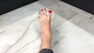 Long Toes Spreading, Toe Spread Close Ups, Bare Feet with Red Toenails Polish
