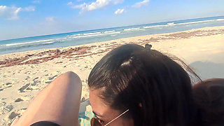 MILF Sucks Cock and Swallows Cum on the Beach POV