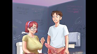 Summertime saga babe with giant yam-sized boobs gets covered in cum shots