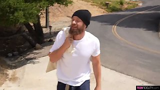 Big boobed teen Amber Moore greets him home