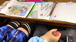 Asian HIGH SCHOOLGIRL Handjob again in MATH Class under the Table
