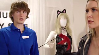 Sexy Fit Ebony MILF & Her Curvy Busty Blonde GF Entice a Young Sex-shop Consultant Into Crazy 3-some