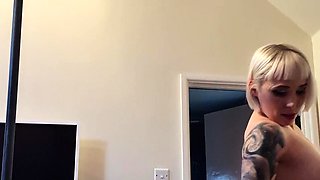 Blonde Housewife with big boobs masturbates with huge dildo