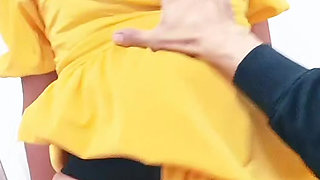 Busty MILF In Yellow Dressed Takes A Hot Riding Position With Her Husband's Friend