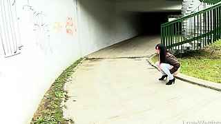 Brunette Flashing Her Titties And Pussy Outdoors In Public
