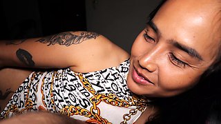 Guy feeding a hot Thai teens hairy pussy