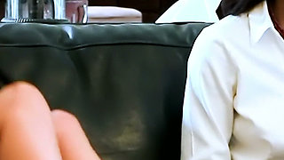 Ebony Strapon Over the Leather Couch - the Housekeeper Bends the Blonde and Fucks Her Deep