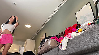 Hottest Sexy Slim Fit Brunette Babe Does a Try on Haul for Short Skirts, Panties and See Through Dress for a Softcore Porn