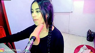 Brunette Sucks Big Pink Dildo Machine