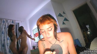 Teen amateur sucking in a wild foursome with tatted hotties