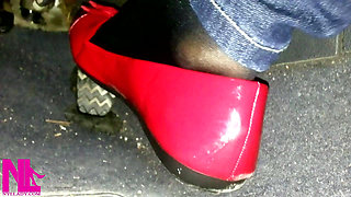 Pedal Pumping and Relaxing My Hosed Feet in Red Pattent Flats