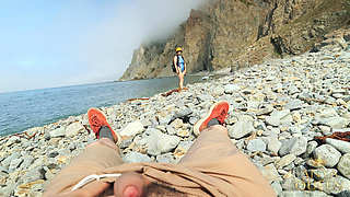 153 Public Beach Encounter: Stranger in Blue Bodysuit Gives a Blowjob and Handjob