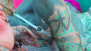 Heavy Tattooed Pornstars in Gangbang with 8 Big Cocks