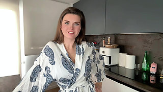 Busty Step Mother Seduces Step Son in the kitchen , shows him milky tits and masturbates big cock