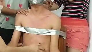 Chair Bound and Tickled by Three Microfoamly Tape Gagged Girls!