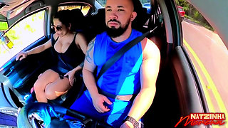No Shame! Natzinha Flashing Her Tits in Traffic and Rubbing Herself.