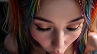 Rainbow pigtail girl sucks pov cock in office cum facial