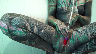 Tattooed Beauty Destroys Her Ass with Toys in Steamy Shower Masturbation