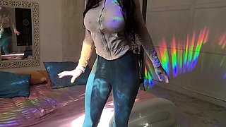 Busty curly brunette with big boobs fucks on couch