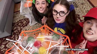 Besties spreading wide for candies in foursome