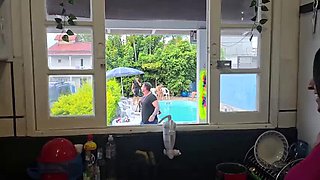 Kitchen Slut Wife Fucks Husband's Friends While He Cleans Pool - Amateur Latina MILF Kelabate & Sheikdefloripa