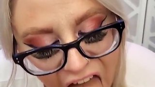 Chubby Blonde Gives Sloppy Blowjob In Glasses