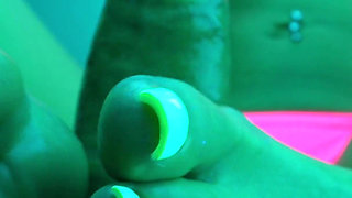 4K Tanning Studio Footjob From Hot Blonde MILF with Long Neon Green Toenails & Cum on Toes