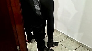 Lovers hooking up during work hours with cumshot in mouth.