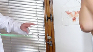 Two perverted doctors examine aroused cunt of young blonde Cayla Lyons