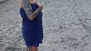 POV. You Watch as a Busty Model, of Your Presence, Strips Naked on the Beach, Bathes, and Plays in the Sand.