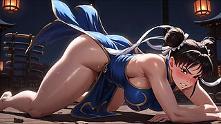 Chun Li Powerful Thick Thighs Massive Ass and Wet Pussy Exposed in Her Torn Classic Blue Qipao Very Lewd Erotic