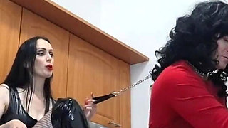 Giant Gothic Mistress Trains Her Little Transvestite to Clean!