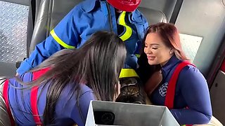 Freaky firefighters have fun sharing cock in hot threesome