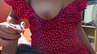 Blonde MILF gives perfect morning wood handjob with big tits and cumshot - Amateur homemade