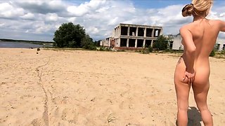 Nude Blonde Babe at a Deserted Beach and Construction Site