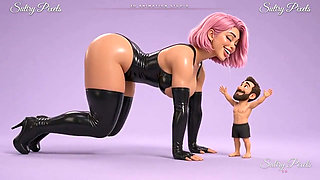 Pink-haired Latex Mistress Crawls Down for a Long Kiss with Her Tiny Man