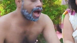 Desi Tharki Sasurji Gets Oil Massage From His Two Daughter in Law Outdoor and Fuck Them ( Hindi Audio )