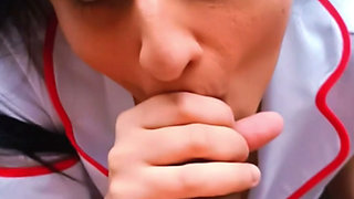 Sexy slut nurse on her knees for pov blowjob keeps sucking big cock after enormous facial cumshot