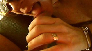 Swemature cumslut in mask and chains swallows cum and fountain squirts.