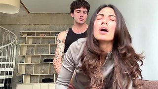 Skinny brunette sucks cock after doggy pose fuck - Amateur