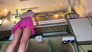 It was so steamy on our food camper that my gorgeous college-aged yo hostess determined to work bare-chested and panty-less - voyeur upskirt point of view.MP4