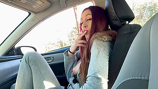 Italian MILF Artemisia Love Slowmo Smoking Sesh in the Car with Her Big Tits and Hard Nipples Out Smoking Boobs Long Hair Fetish