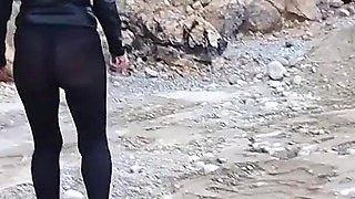 Grandma Is Walking Around a Gravel Pit in Tight Leggings and High Heels!