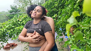 Out Door Terrace Rain Romance with Boobs Suck and Boobs Press