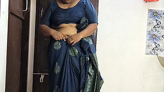 Sexy Bhabi in Blue Saree, Removing Saree to Show Here Sexy Chubby Body. Big Boss and Ass