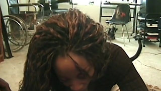 Curvy ebony bitch gets pounded by a black stud while he shoves a dildo in her ass