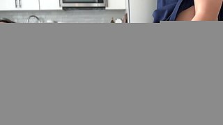 Asian with glasses begs to fuck her bush in the kitchen